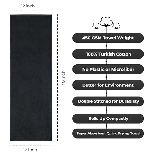 NUKURA 12’’ x 40’’, 450 GSM Gym Sweat Towel for Outdoor Workout, Running, Yoga, Pickleball, Padel, High Absorbent with Extra Softness, 100% Cotton Neck Towels, Black - color: Black