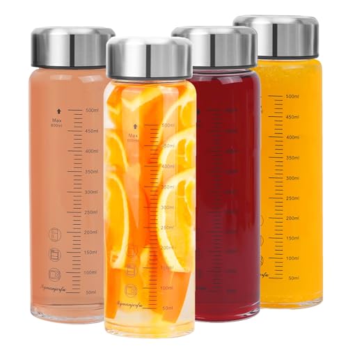 Glass Juice Bottles 4 Pack 20 oz - Wide Mouth Glass Water Bottles with Lids - for Juicing, Smoothies, Milk, Protein, BPA Free, Reusable, Stainless Steel Lids, Leak Proof, Shaker bottle (600 ml) - color: 4-Pack, size: 20 oz/600 ml