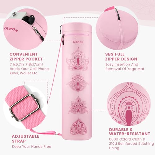 Gonex Yoga Mat Bag with Full-Zip Design, Fits Most Mats | 600D Oxford Fabric, Wet Pocket, Front Zip Pocket, Adjustable Strap, Fits Mats up to 26" - color: Pink