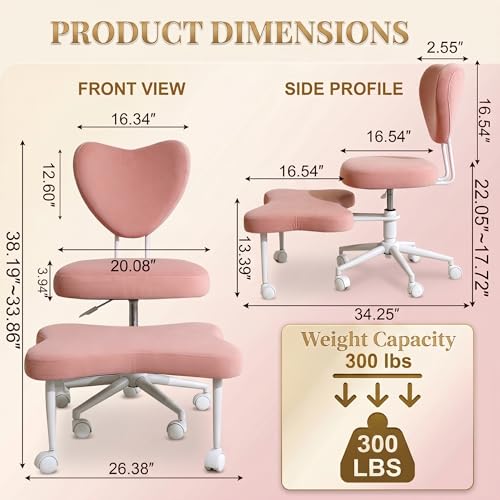 Cross Legged Office Chair with Wheels, 360 Swivel Height-Adjustable Meditation Chair with Lumbar Support, Pink - color: Pink, size: Heart Back with Rectangular Cushion