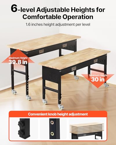 VEVOR 60-inch Adjustable Workbench, 1500 lbs Load Capacity, Garage Workbench with Drawer, Power Outlet, Wheels, and Pegboard, Heavy Duty Oak Wood Top Work Table for Garage, Workshop, Office, and Home - size: Drawer│Universal Wheels│60"x24"x41.7"