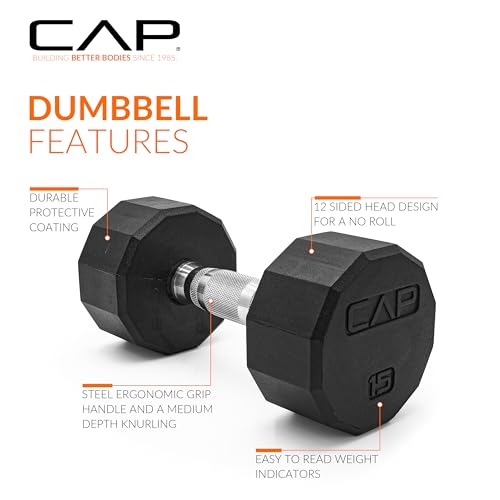 CAP Rubber Coated Dumbbell Weights, Free Weights for Home Gym Strength Training, Anti-Roll Hex Dumbbells with Black, Chrome & Comfort Grip Handles, Singles - size: 15 lb, style: 12-Sided - Chrome Handle