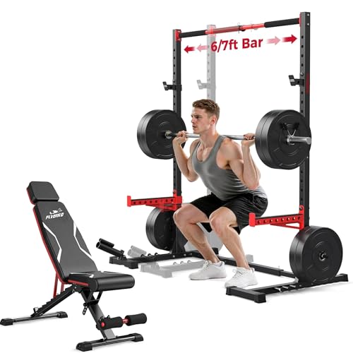 FLYBIRD SR1 Squat Rack with Pull-Up Bar, Adjustable Multi-Functional Power Rack, Inner Width Squat Rack Stand Suitable for 6FT,7FT Barbell for Home Gym Equipment - color: Grey with Bench