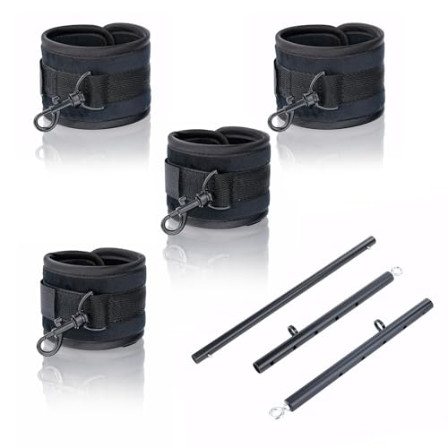 Heavy Duty Stainless Steel Expandable Spreader Bar with 4pcs PU Black--Pink Skull Pattern Detachable Adjustable Straps,Workout Bar for Home Indoor Gym Training Kit - style: Black+Black PU Furry Kit