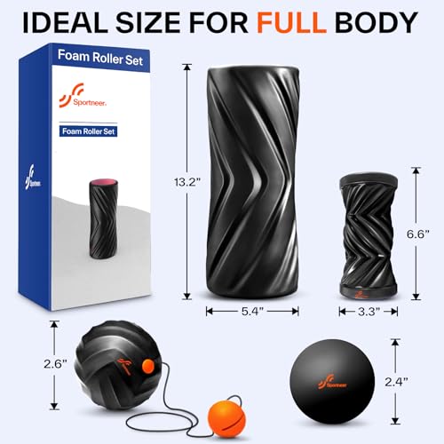 Sportneer 4 in 1 Pilates Foam Roller Muscle Relax Kit | with 2 Textured Foam Rollers Stringed Exercise Ball, Lacrosse Ball for Muscle Shoulder Back Leg Whole Body Relax Fitness Yoga - color: Black