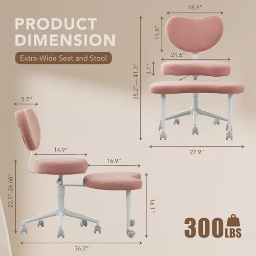 Cross Legged Office Chair, 360° Swivel Yoga Meditation Chair, Ergonomic Height Adjustable ADHD Criss Cross Office Chair with Wheels, Lumbar Support for Home Office, Pink - color: Pink, size: Heart Back