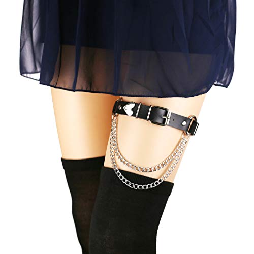Adjustable Elastice 2 Rows Leather Leg Harness Garter Belt Punk Gothic Thigh Ring Garter - color: Black With Chain