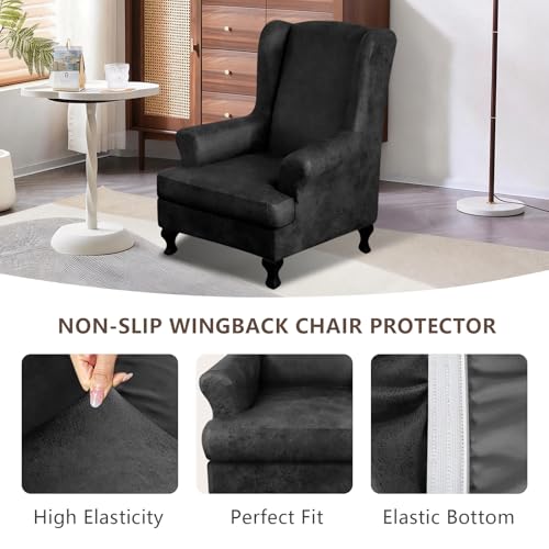ANARACHON Leather Look Wingback Chair Covers, 2-Piece Wing Chair slipcover,Stretch Wing Back Armchair Slipcovers with Elastic Bottom, Soft Spandex Furniture Protector for Living Room (Dark Grey #2) - color: Dark Grey #2