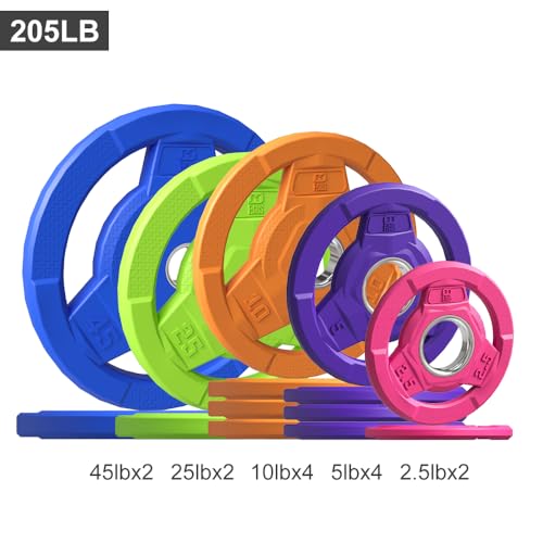 Color Coded 2-Inch Rubber Coated Olympic Grip Plate for Barbell,Solid Cast Iron Weight Plates for Strength Training, Weightlifting, Home Gym, 2.5/5/10/15/25/35/45 LB, Single and Pair - color: 205LB-SET