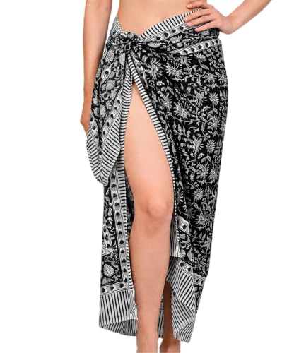 Beach Cover Ups for Women, Cotton Sarong Wrap Pareo | 100% Cotton Sarong Wraps For Women, 73 x 44 In. Pareo Beach Wrap, Bikini Cover Up, Bathing Suit Cover Up, Resort Wear - color: Black Flower Print