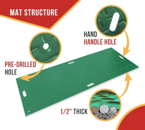 Mytee Products 3' x 8' Green Ground Protection Mats with Double Sided Diamond Plated Tread Design - High Density Polyethylene Mat, Easily Supports 90 Ton Loads on Lawns, Dirt, and Any Other Areas - color: Green, size: 1 - Pack