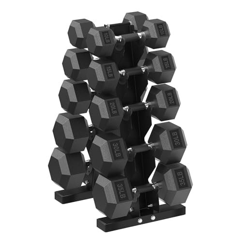 HANDBODE Hex Dumbbell Set with Vertical Storage Rack, 100–550 lb | Non-Slip Handle Design for Secure Grip, Rubber Encased Dumbbells, Hand Weights for Strength Training and Home Gym - style: 220 lb (10, 15, 20, 30, 35 lb) X 2 & Rack