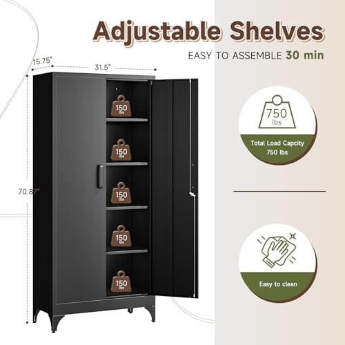 Letaya 71" H Metal Storage Cabinet with 2 Doors and 4 Shelves,Tall Kitchen Pantry Cabinets,Utility Pantry Organizers for Cupboard/Dining/Bathroom/Home Office/Garage, Steel Tool Cabinets - color: Black, size: 70.9 X 32 X 16 In(H X W X D)