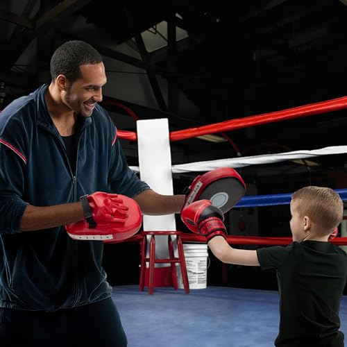 3-in-1 Boxing Gloves and Punching Mitts Set for Kids, Boxing Mitts Focus Pads with Hand Wraps for Kid, Youth Leather Punching Equipment Gloves Set for MMA, Karate, Muay Thai, Taekwondo - color: Red