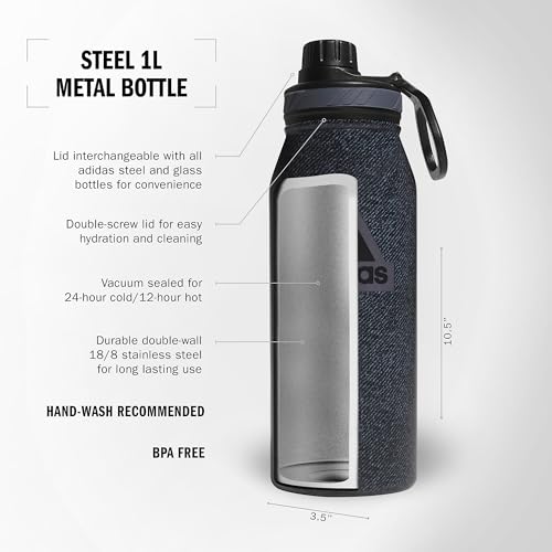 adidas Stainless Steel Metal Water Bottle 34 oz (1L) Screw Cap - color: Twill Black/Black/Grey Five