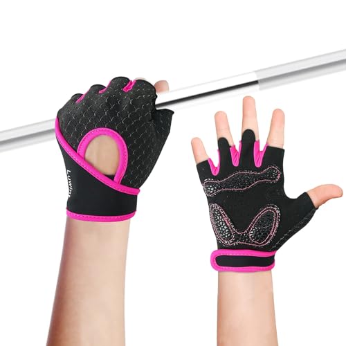 Luwint Kids Workout Gloves, Ventilated Grip Exercise Gloves for Boys and Girls Weightlifting Hanging Gym, Children 3-12 Years - color: Pink, size: Large