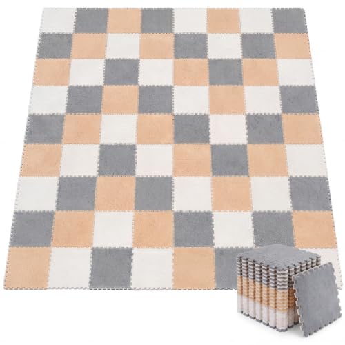 Amylove 72 Pieces Plush Foam Floor Mat Square Interlocking Carpet Tiles with Border 12 x 12 x 0.4 in Fluffy Play Mat Floor Tiles Soft Climbing Area Rugs for Home Playroom(White, Gray, Beige) - color: White, Gray, Beige