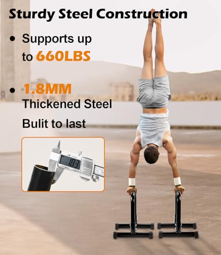 TABEKE Push Up Bar, 14'' High Steel Parallettes & Dip Bar with Full Coverage Foam Handle, Heavy-Duty Calisthenics Parallel Bars for L-Sit, Dips, Home Gym Strength Training Workout - color: Black