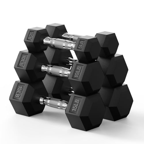 Hex Dumbbell Set 60-650lb, Weights Set Rubber Encased, Home Gym | PAPABABE Complete & Durable Cast Iron Core Odorless PVC Antiroll Hex Shape Ergonomic Chrome Handle Versatile Home Gym - size: 60 lb Set (Pair of 5, 10, 15), style: Chrome Grip