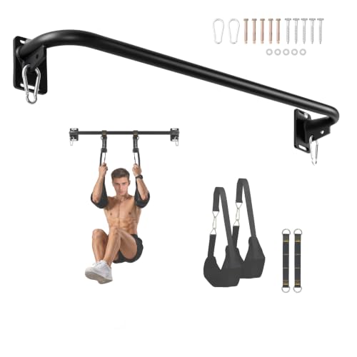 Wall Mounted Pull Up Bar with Hanging Ab Straps, Carbon Steel Chin Up Bar with 8mm Steel Plates, Adjustable Oxford Cloth Ab Sling Straps for Pull Ups, Knee Raises, Leg Raises, Home Gym Training（Black- Ab Straps） - color: Black- Ab Straps