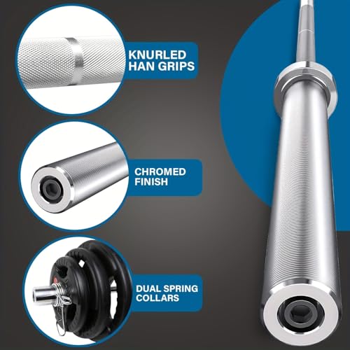 7ft Olympic Barbell for Strength and Weightlifting Training - 2 Inch Diameter Olympic Bar for Squat, Deadlift, Curl, Bench Press, Overhead Press - 700lbs Capacity with 2 Collars, Chrome