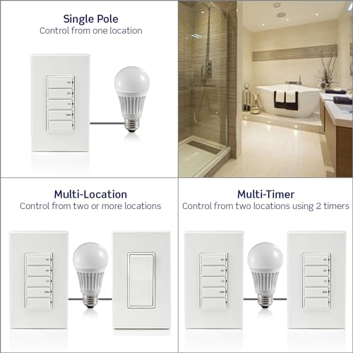 Leviton Countdown Switch for lights, attic, heaters, pool pumps, 30 min, 1-2-4 hour, Neutral Wire Required, 20A, 1 HP/16A Fan/Motor, Single Pole, Multi-Way or Multi-Timer, DT204-1LW, White - style: 1-2-4 hour, Neutral Wire Required