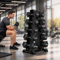 HANDBODE Rubber Coated Hex Dumbbell Set with A-Frame Rack, 100 lb - 600 lb Multiple Options Weight, Hexagon Non-Rolling Shape, Ergonomic Knurled Handle, Home Gym Equipment for Strength Training - style: 400 lb (30, 35, 40, 45, 50 lb) X 2 & Rack