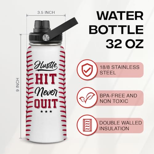 Baseball Water Bottle 32oz Hustle Hit Never Quit Stainless Steel Insulated Bottle for Men Women Sports Lovers Baseball Fans - color: Baseball 2