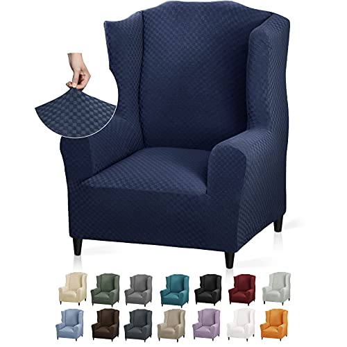 YEMYHOM 1 Piece Stretch Wingback Chair Slipcover Latest Jacquard Design Wing Chair Cover Non Slip Furniture Protector with Foam Rods for Living Room (Wing Chair, Navy) - color: Navy, size: 1 Pack - Wing Chair