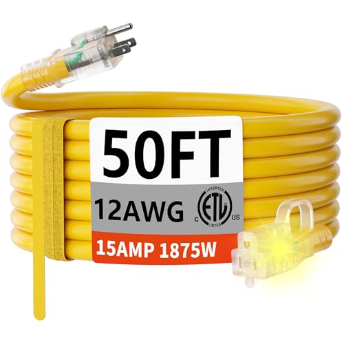 HUANCHAIN 50 FT 12/3 Gauge Heavy Duty Outdoor Extension Cord Waterproof with Lighted end, Flexible Cold-Resistant 3 Prong Electric Cord Outside, 15Amp 1875W 12AWG SJTW, Yellow, ETL - color: Yellow, size: 50FT