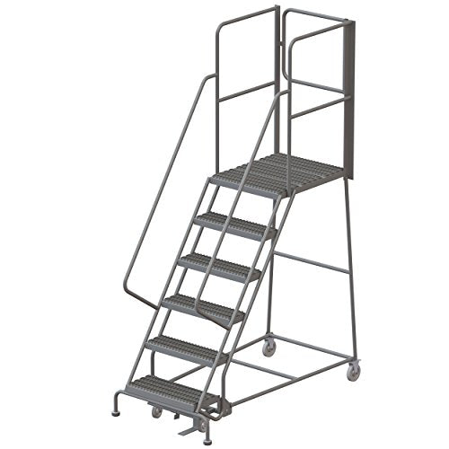 Tri-Arc RWSR106242-XR 6-Step Gateway Rear-Exit Steel Rolling Ladder with 30" Deep Top Platform, Grip Strut Tread with Handrails, 24" Wide Steps - size: 6-Step, style: Grip Strut Tread