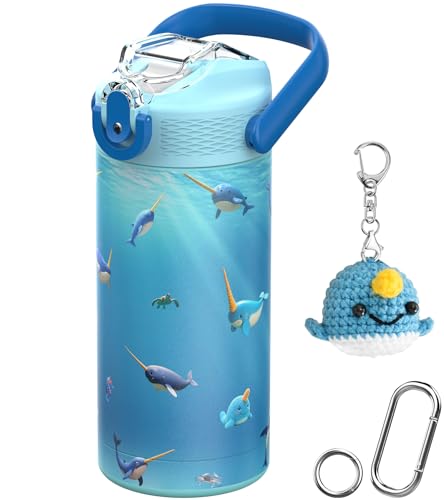 MYFOREST 14oz/400ml Insulated Kids Water Bottle, Odor-free Liner, 3D Touch | No Plastic Taste, Surgical Steel - No Chemical Leaching, Name Spot, Soft Sipper, Gift for Thalassophile, Ocean. Narwhals - color: Ocean. Narwhals