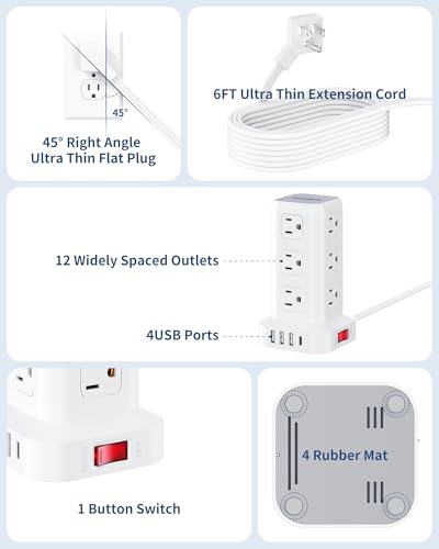 Extension Cord with Multiple Outlets, SMALLRT Flat Plug Power Strip Tower with USB 12 AC Outlets, 6.5FT Ultra Thin Extension Cord Outlet Extender for Home Office, Overload Protection - color: White, size: 6.5 Ft without wireless charging