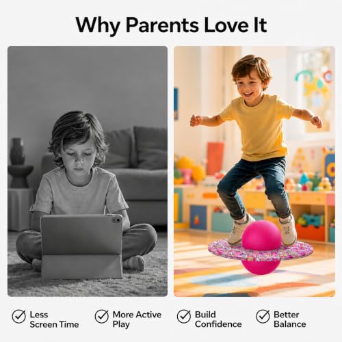 Pogo Ball for Kids & Adults Up to 200 lbs, Balance Toy for Indoor Outdoor | Balance Coordination Bounce Board Pop Ball Cool Fun Challenge Indoor Outdoor Toys Pogo Jumper Birthday Gifts for Boys Girls - color: pink