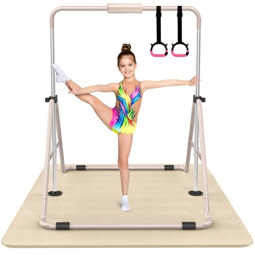 Tepemccu Gymnastics Bars, Adjustable Gymnastic Horizontal Bars for Kids | 5-Height Adjustable 34.8"-50.8", Foldable for Home Training, Include Children Gymnastics Rings and Bar Pad, Indoor Outdoor - color: Beige with mat