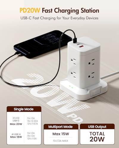 Power Strip Tower with Surge Protector 1800J, Fast Charging Tower PD20W USB-C Ports with 8 AC Outlets, Extension Cord for Home Office Dorm Room, White, 10FT - color: White, size: 10FT