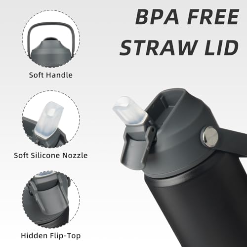 BJPKPK Insulated Water Bottle with Straw Lid, 18oz Thermo Water Bottles with Soft Nozzle, Flex Handle & Non-slip Boot, BPA Free Leak Proof Stainless Steel Metal Thermo, Tumblers, Cups,Black - color: Black, size: 18 Ounces