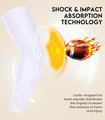Compression Padded Arm Sleeves for Youth & Adults - Elbow & Forearm Support - Breathable Football Padded Sleeves - color: White, size: Youth Large/X-Large