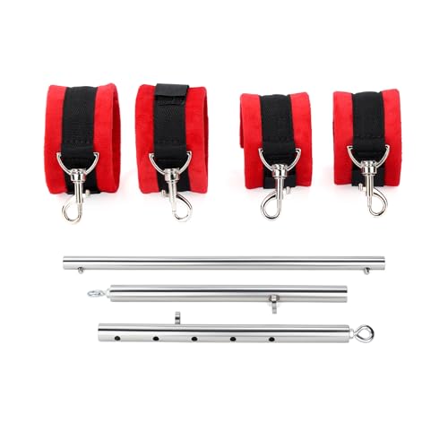 3 in 1 Heavy Duty Stainless Steel Expandable Spreader Bar with 4pcs PU Rose-Gold Adjustable Straps,Workout Bar for Home Gym Training Bar,Portable Detachable Pilates Kit - style: Silver+Red Furry Kit