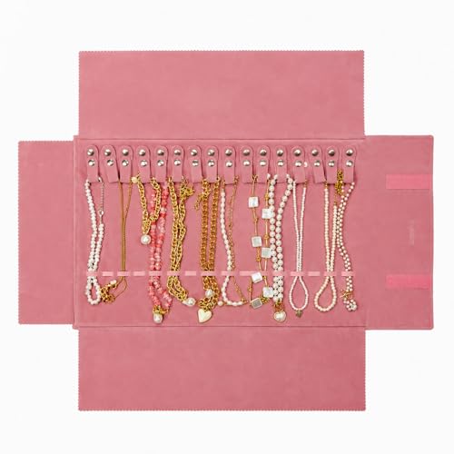 UnionPlus Velvet Travel Jewelry Roll Bag Organizer for Necklace, Elastic Band and Anti-winding, Blush Pink - color: Blush Pink, size: Medium
