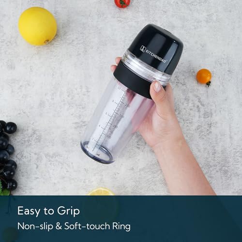 KITCHENDAO 2 in 1 Salad Dressing Shaker Container with Juicer, Pour Spout, Leakproof, Dishwasher Safe, BPA Free, Travel Homemade Oil and Vinegar Salad Dressing Bottle Mixer Dispenser, 1-1/2 Cups - color: Black