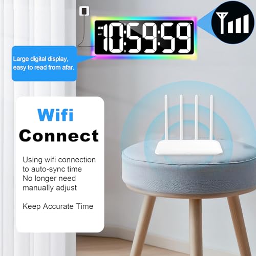 TXL 17.2" WiFi Digital Wall Clock with Seconds, Large Countdown Timer for Classroom Home Gym Office, Alarm Clock with Remote Control, RGB Ambient Lights, 4 Dimmable Brightness, Auto DST(White) - color: White