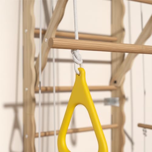 Indoor Wooden Climbing Wall Set, Natural Pine Material, 78.7x23.6 Inch Wall-Mounted Kids Gym with Slide, Rings and Rope Ladder, Weight Capacity 100 Pounds