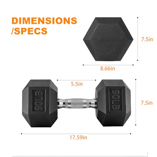 Rubber Hex Dumbbell, Multiple Weight Options 15-550 lbs | Premium Coated Free Weights Dumbbells for Home Gym Strength Training, Rack Not Included - color: 90LB pair