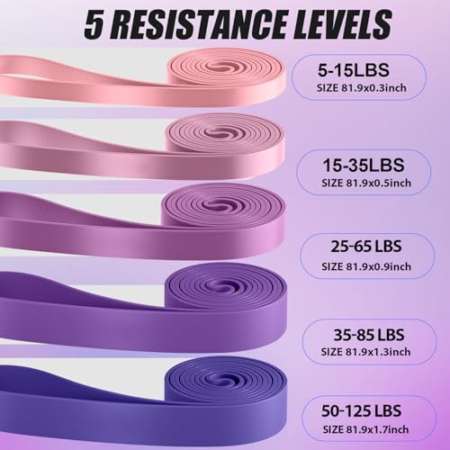 WHATAFIT Resistance Bands, Pull Up Assist Bands with Handles, Door Anchor | Natural Latex Rubber, Progressive Tension, Exercise Loop for Full-Body Fitness, Portable Gym Bag, Warm-Up & Stretch - color: 5-125LBS PINK PURPLE+GRIP