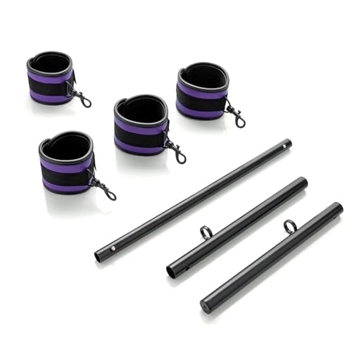 3 in 1 Heavy Duty Stainless Steel Expandable Spreader Bar with 4pcs PU Rose-Gold Adjustable Straps,Workout Bar for Home Gym Training Bar,Portable Detachable Pilates Kit - style: Black+Purple PU Kit