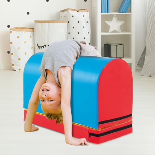 Goplus Mailbox Tumbling Mat, Gymnastics Vaulting Box w/Detachable Mat, Carrying Handle, Premium PU Leather, Portable Jumping Tumbling Aid Trainer for Kids Home Gyms Exercise - color: Red+Navy Blue