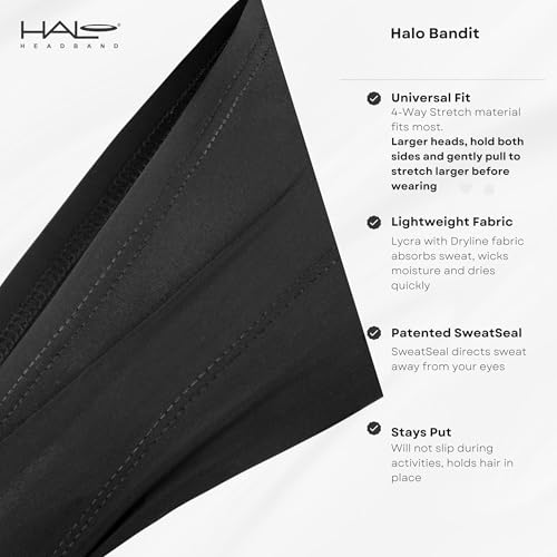 Halo Headband Bandit - 4" Wide Pullover Sweatband Running Headband Men Women Absorbent Soft Comfortable.Channels Sweat Out of Your Eyes Keeps Hair in Place No-Slip - color: Black