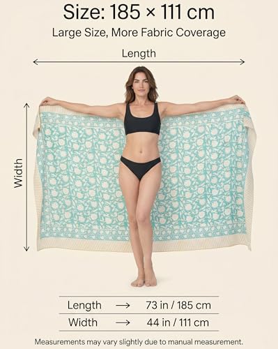 Beach Cover Ups for Women, Cotton Sarong Wrap Pareo | 100% Cotton Sarong Wraps For Women, 73 x 44 In. Pareo Beach Wrap, Bikini Cover Up, Bathing Suit Cover Up, Resort Wear - color: Sacred Turquoise