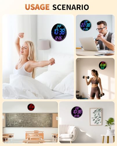 12" Large Digital Wall Mount Clock, Count Down Timer, Alarm, Big LED, 12 RGB Color, Temperature for Living Room Classroom Desk, Xmas, Birthday Gift for Senior Mom Dad (Round) - style: Black shell - Basic